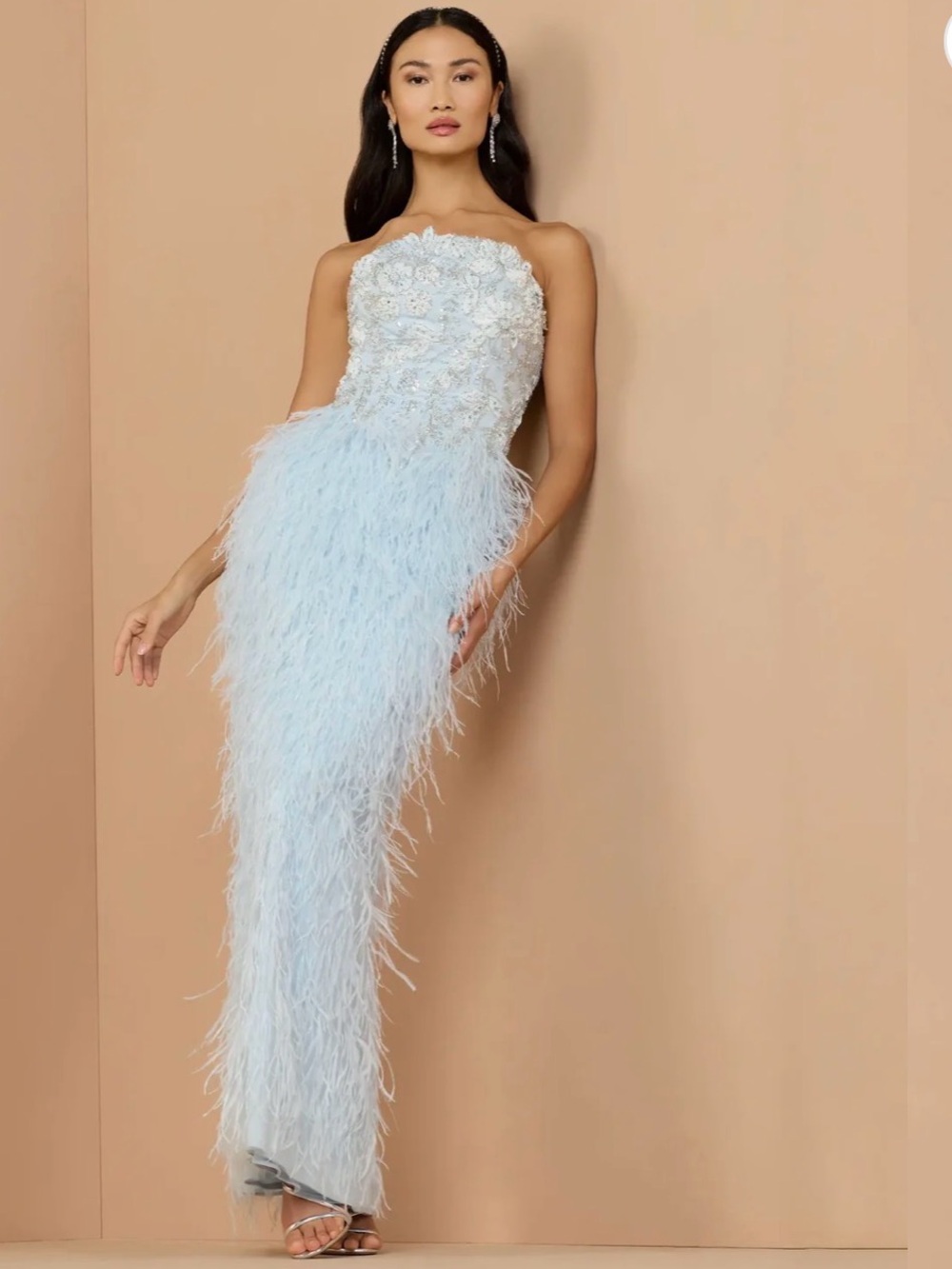 Mac Duggal Light Blue Strapless Embellished Feather Gown